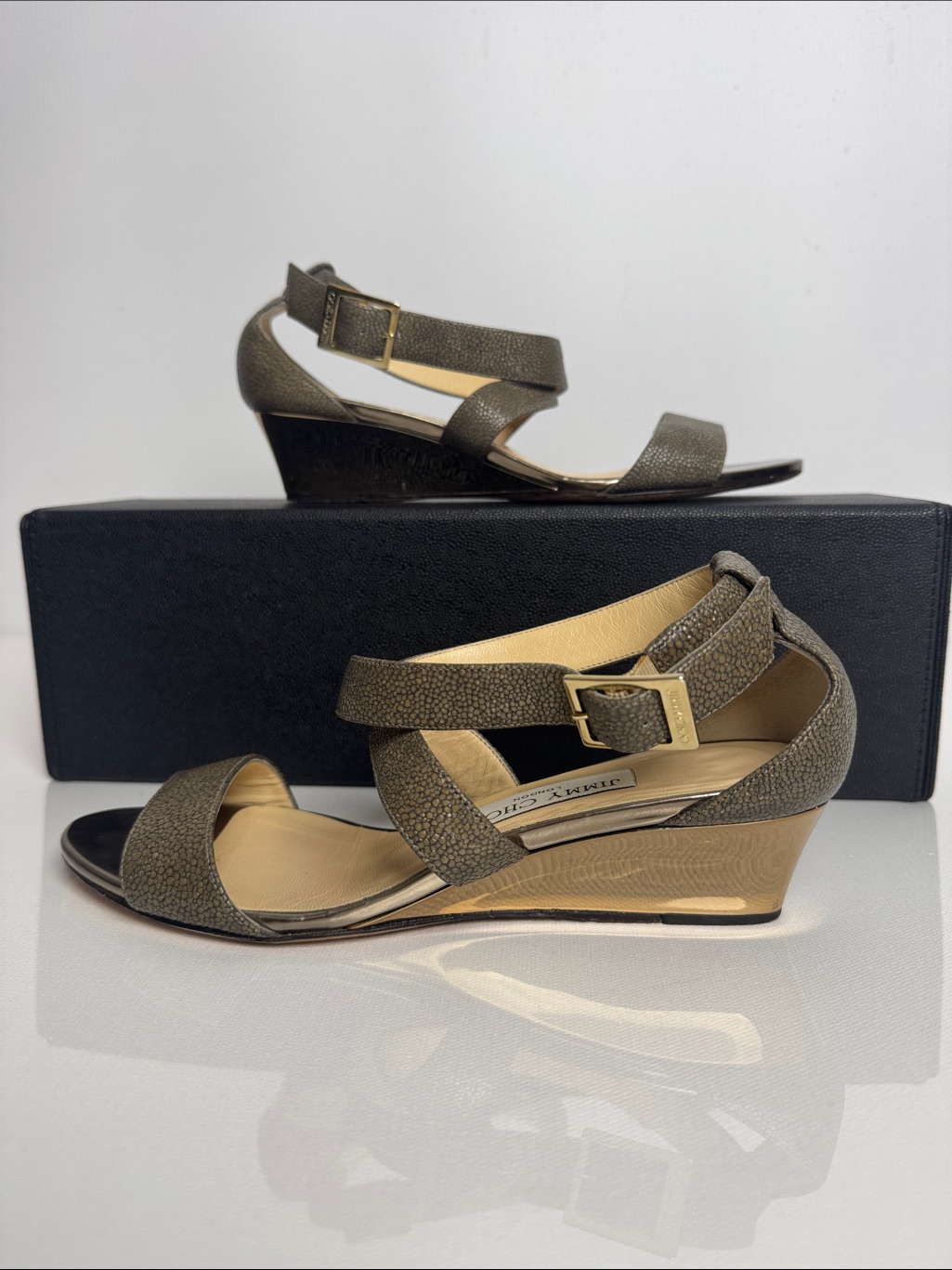 Jimmy Choo Metallic Bronze Leather Wedge Sandals Ankle Strap Luxury Designer
